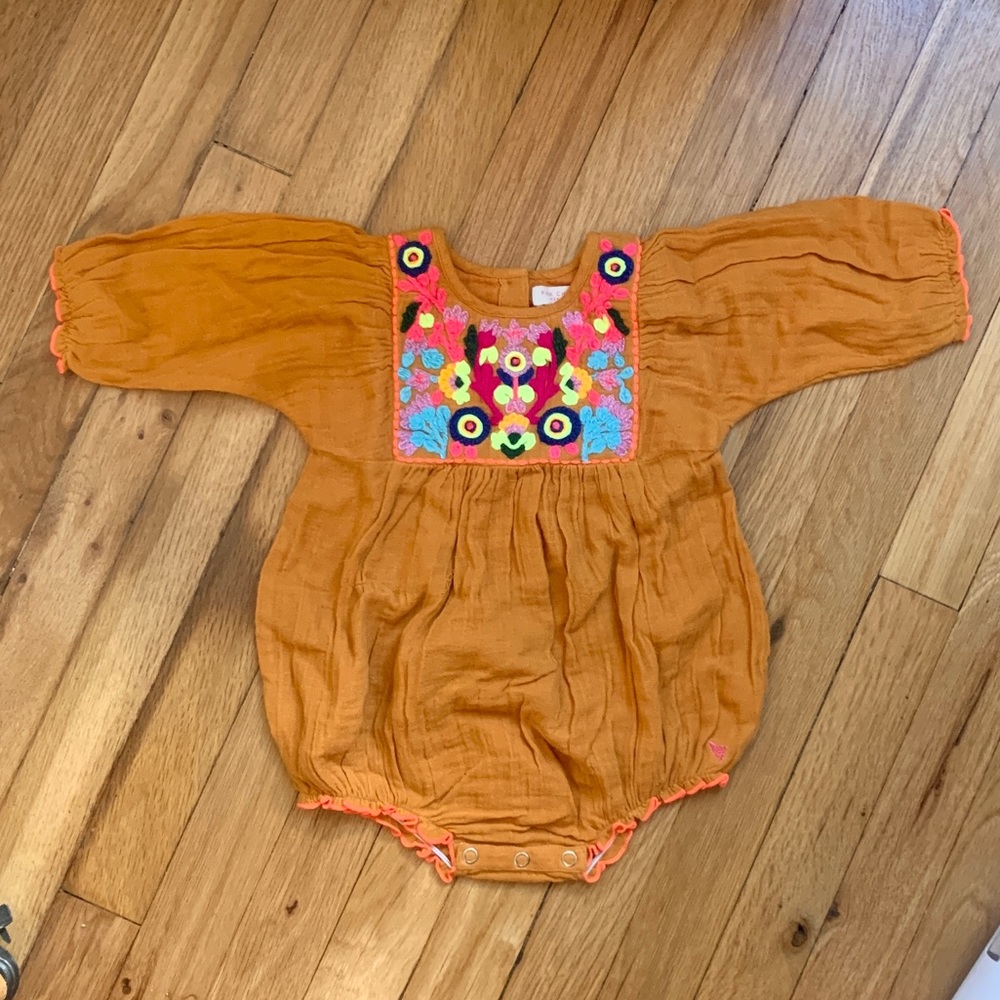 Pink Chicken Gauze Long Sleeve Embroidered Romper Bubble